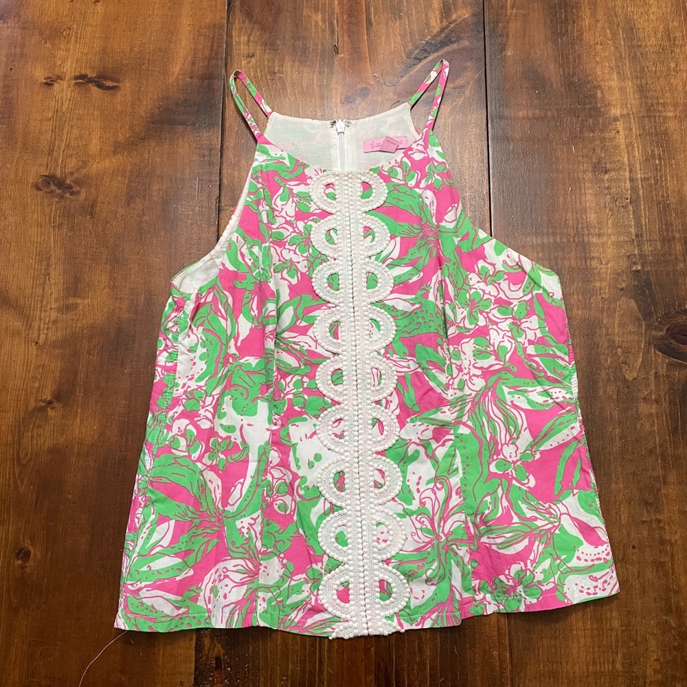 Lilly Pulitzer Tank Top Womens Size 8 Pink and Green with White Lace Embellishme